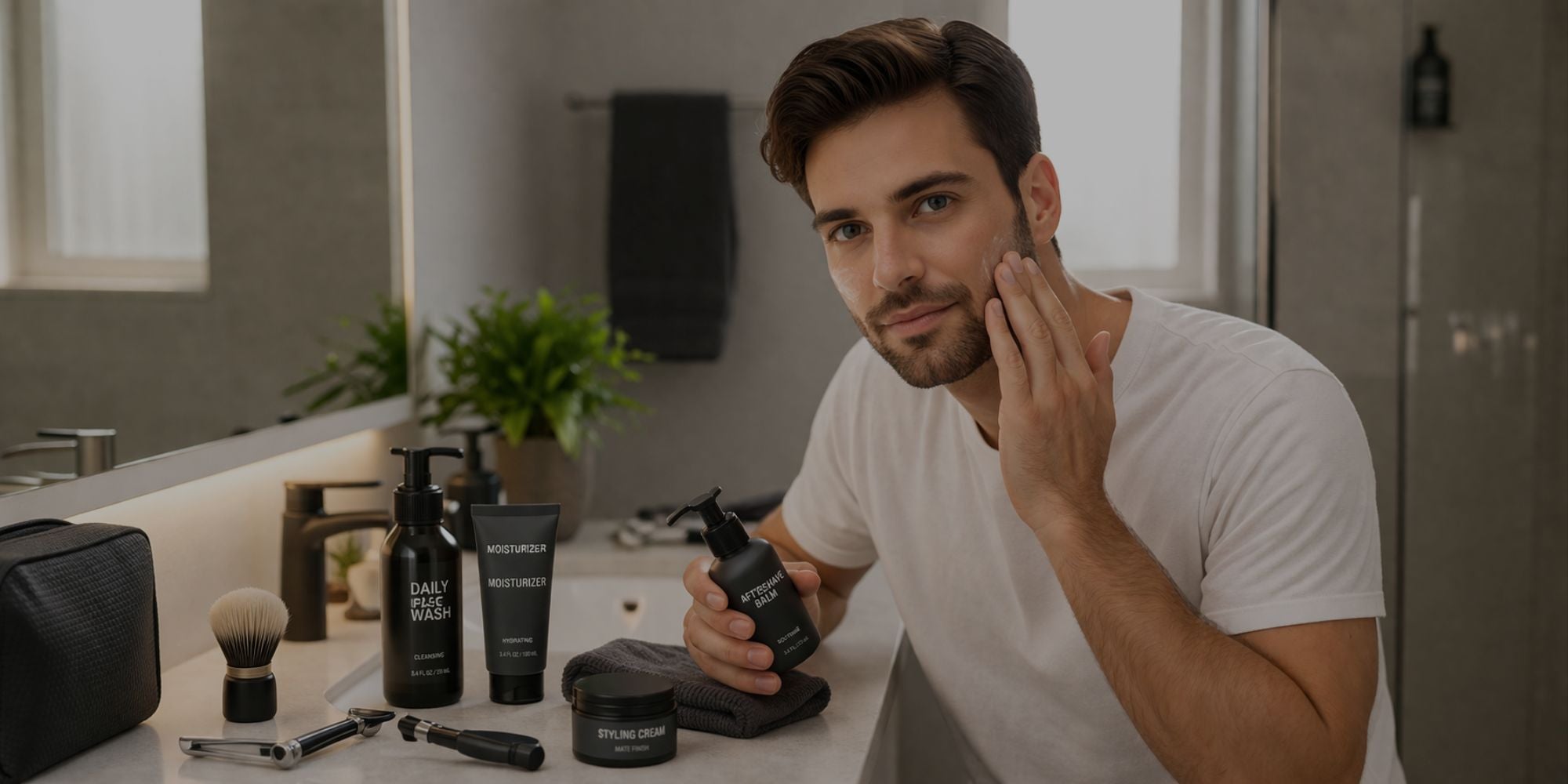 Man applying aftershave in a bathroom setting with grooming products.