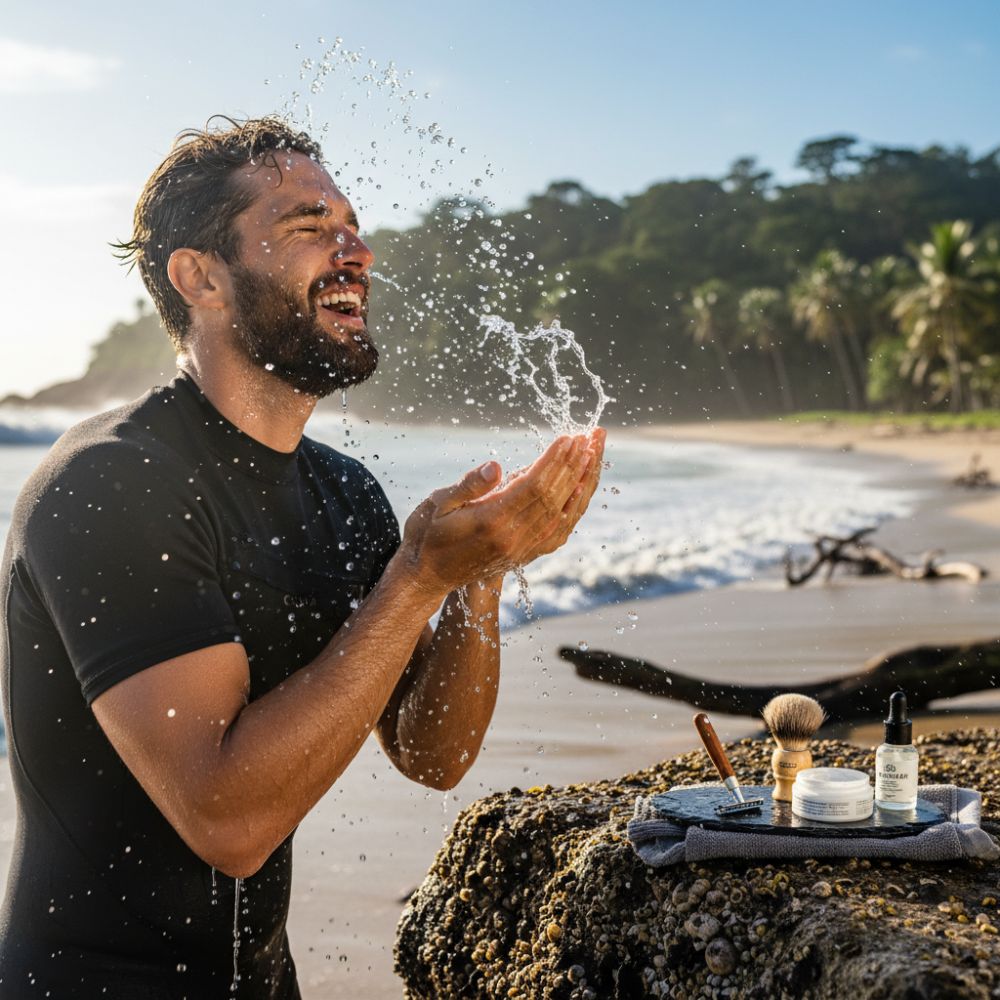 Man on a beach with shaving supplies, splashing water