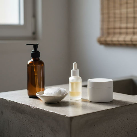 Skincare products including a brown bottle, white container, and dropper bottle on a stone surface.
