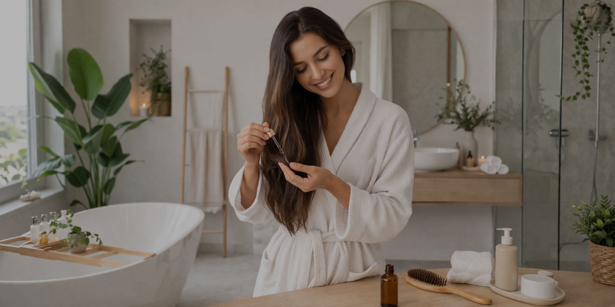 Woman in a white robe using a hairbrush in a modern bathroom.